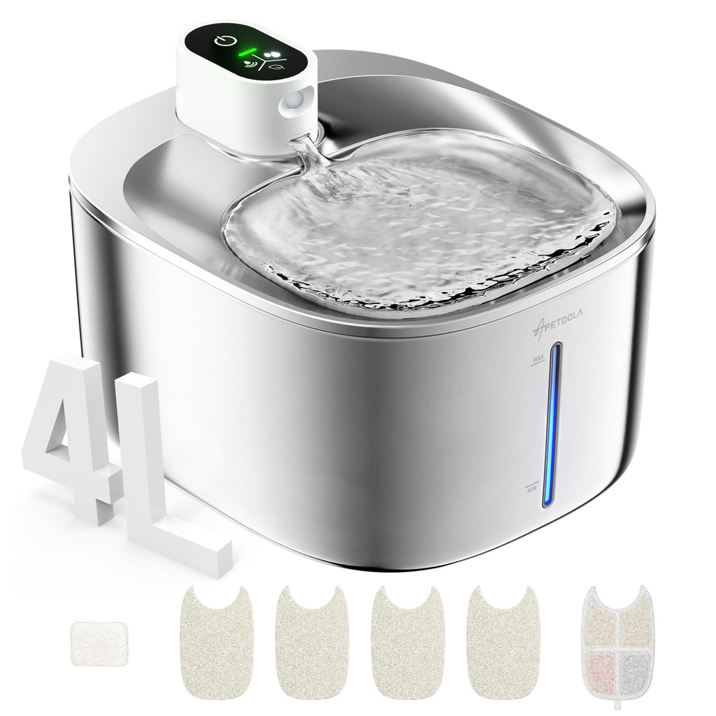 APD APETDOLA Wireless Cat Water Fountain, 135 fl oz/4L Battery Operated Cat Fountain Stainless Steel with Water Level Window, 3 Work Modes, Cordless Pet Water Fountain for Cats, Dogs, Pets, Inside