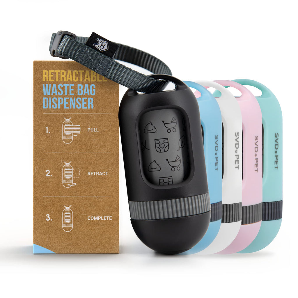 SVD.PET Dog Poop Bag Dispenser, Retractable Waste Bag Fits Any Dog Leash, Leak-Proof Waste Bags, Poop Bag Holder, Doggy Walking Accessory (Black)