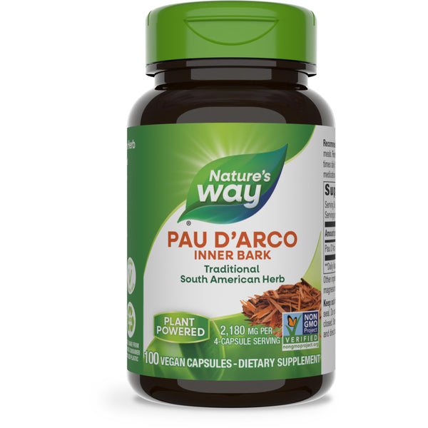 Nature's Way Pau d'Arco Inner Bark, Traditional South American Herb, 2,180 mg per 4-Capsule Serving, Non-GMO Project Verified, 100 Capsules (Packaging May Vary)