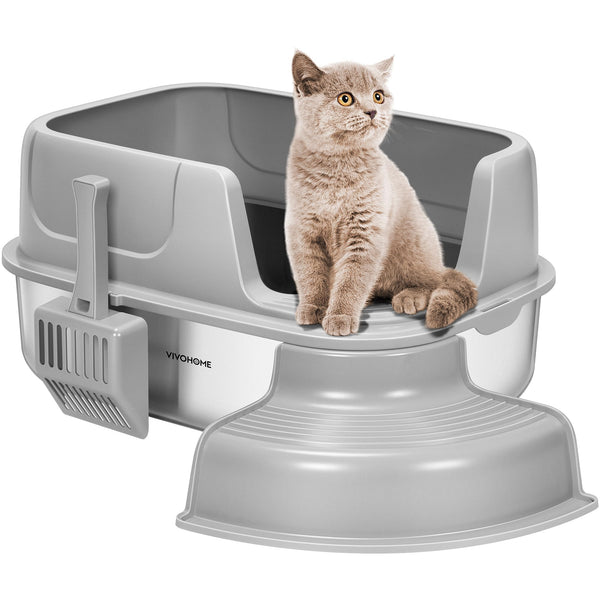VIVOHOME XL Stainless Steel Cat Litter Box with Cover and Steps, 23'' x 17'' x 12'' Large Metal Litter Box for Cats with Scoop, Easy to Clean, Non-Slip, Ideal for Big or Multiple Cats, Light Gray