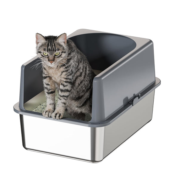 Booche High-Sided Stainless Steel Cat Litter Box,Stainless Steel Litter Box with Lid,Extra Medium Box,Easy-to-Clean Metal Litter Pan for Cats (20''L X 14''W X 12''H with Enclosure)