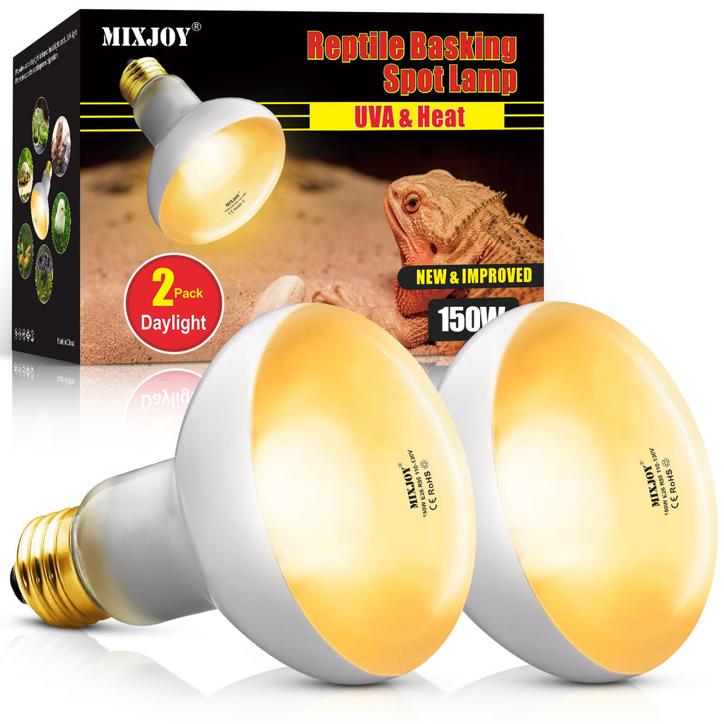 MIXJOY 150W Reptile Heat Lamp Bulbs, 2Pack Heat Lamp Bulbs for Reptiles Basking Bulbs UVA Daylight Basking Light Amphibians Heating Lamp Emitter for Lizard, Tortoise, Bearded Dragon Gecko, Chicken