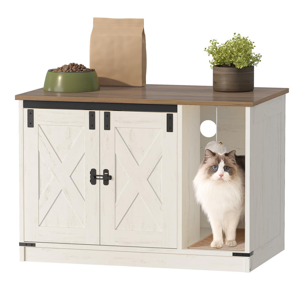 Hzuaneri Cat Litter Box Enclosure, Hidden Litter Box Cabinet Furniture with Bell, Indoor Cat House, Farmhouse Style, 31.5 x 19.7 x 20.9Inches, for Hallway, Bedroom, Rustic Brown and White CB82414X