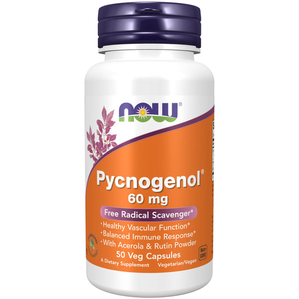 NOW Foods Supplements, Pycnogenol 60 mg (a Unique Combo of Proanthocyanidins from French Maritime Pine) with Acerola & Rutin Powder, 50 Veg Capsules