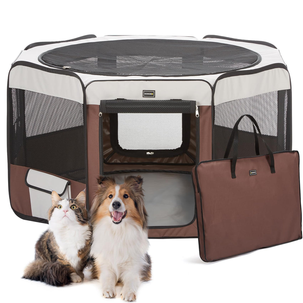 DONORO Dog Playpen 29" Portable Pet Play Pens for Small Dog/Cat/Rabbit/Chicks, Foldable Exercise Kennel Tent Crate Indoor/Outdoor Travel Camping, Removable Top/Bottom (Brown, Small (29"x29"x15"), 8)
