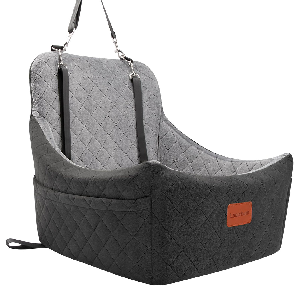 Lealchum Dog Car Seat for Dogs Up to 35lbs,Car Dog Bed Easy to Install,Medium Dog Car Seat with Adjustable Straps and Anti Slip Bottom,Fully Detachable and Washable(Black/Grey,Medium)