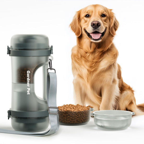 Gardner Pet Portable Dog Water Bottle&Food Container (49.6oz) – Leakproof Travel Water Bottle for Medium/Large Dogs (30+ lbs) Hiking, Camping, Beach – 2 Collapsible Bowls & Shoulder Strap (Grey)