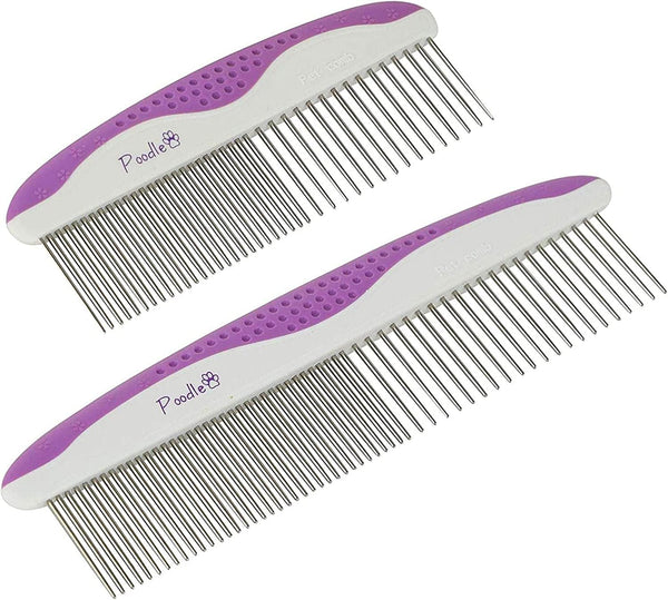 Poodle Pet Dog Combs for Grooming | 2 Pack | Stainless Steel Teeth Easily Remove Dirt | Proper Care Prevents Knots and Mats for Long and Short Haired Pets | Anti-Slip Comfort Grip Handle (Purple)