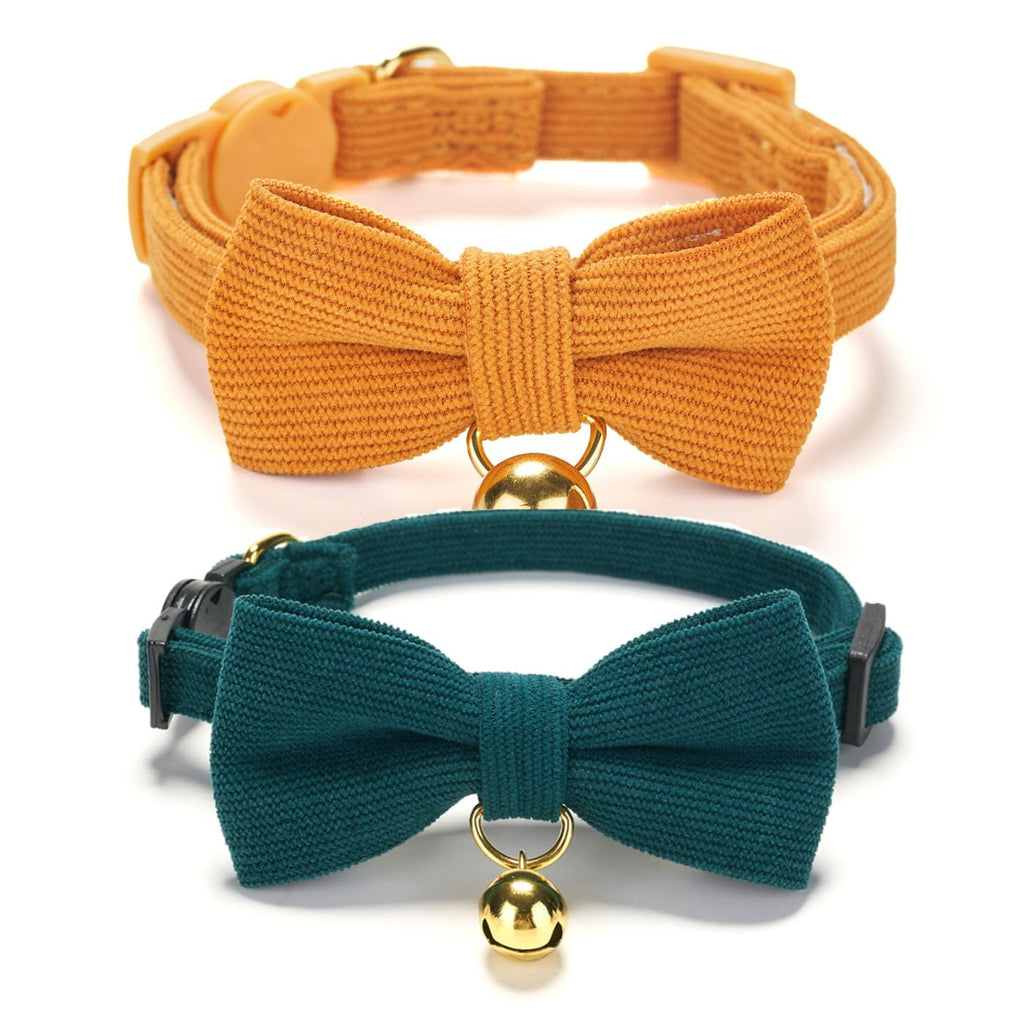 Ewinoom 2 Pack Soft Corduroy Cat Collars with Bow Tie & Bell, Adjustable Breakaway Cotton Kitty Bowtie Collar for Girl Boy Kitten (Orange & Green)