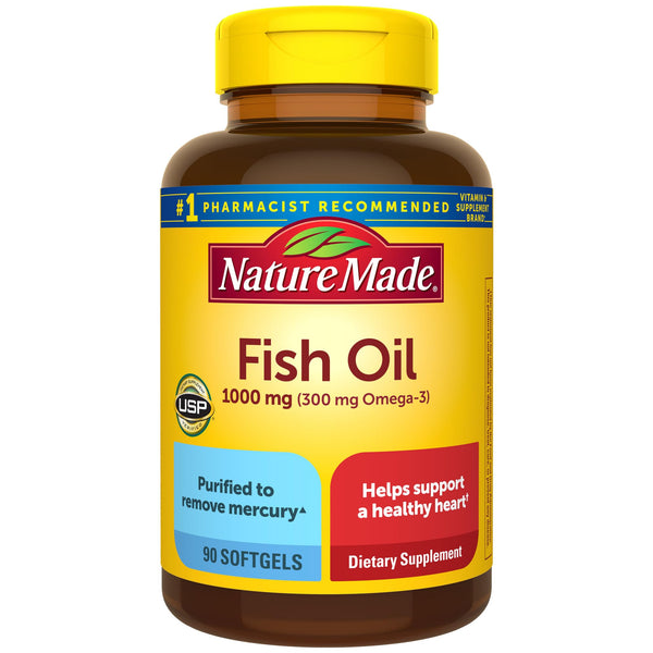 Nature Made Fish Oil 1000 mg Softgels, Fish Oil Supplements, Omega 3 Fish Oil for Healthy Heart Support, Omega 3 Supplement with 90 Softgels, 45 Day Supply