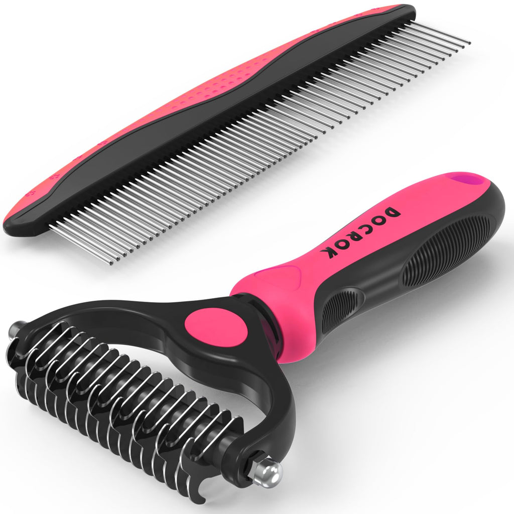 Docrok Pet Grooming Brush & Comb Combo, Cat & Dog Brush for Shedding & Dematting, Undercoat Rake for Long-haired Pets, Pink