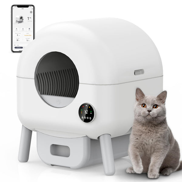 Self Cleaning Litter Box - 105L Automatic Litter Box for Multiple Cats, 1 Roll Trash Bags and Mat Included, App Control, Little-White