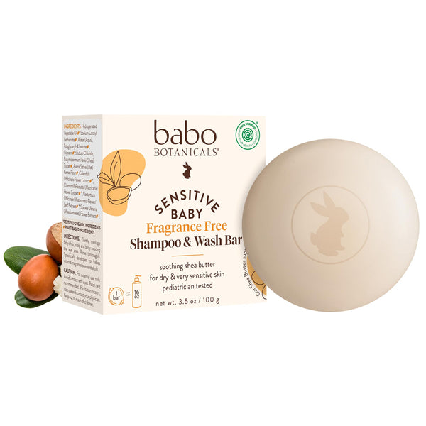 Babo Botanicals Sensitive Baby Fragrance-Free 2-in-1 Shampoo & Wash Bar - Shea Butter, Calendula & Aloe Vera - EWG Verified - Cruelty-Free - Vegan - Pediatrician Tested - For Babies & Kids