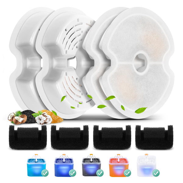 4 Pack Replacement Filters & 4 Pack Pump Filters for 67oz/2L Colorful Cat Fountain with LED Light, BFLICROY Cat Water Fountain Filter, Quadruple Filtration Pet Fountain Filters Replacement