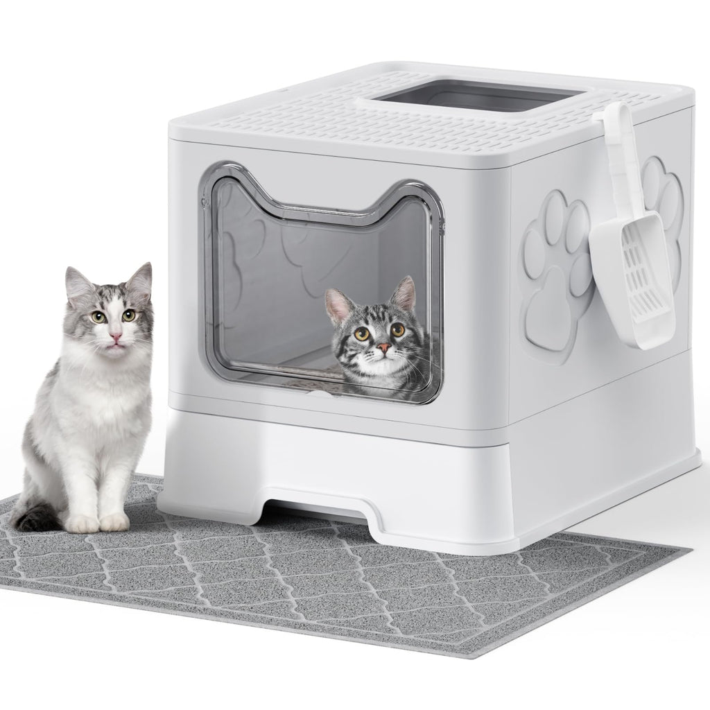 Tamiaia Large Cat Litter Box with 15.7''x23.6'' Heavy Mat, Enclosed Kitty Box with Litter Scooper, Odor-Urine-Proof, Non-Sticky, Easy Rinse Cleaning (Normal Grey)