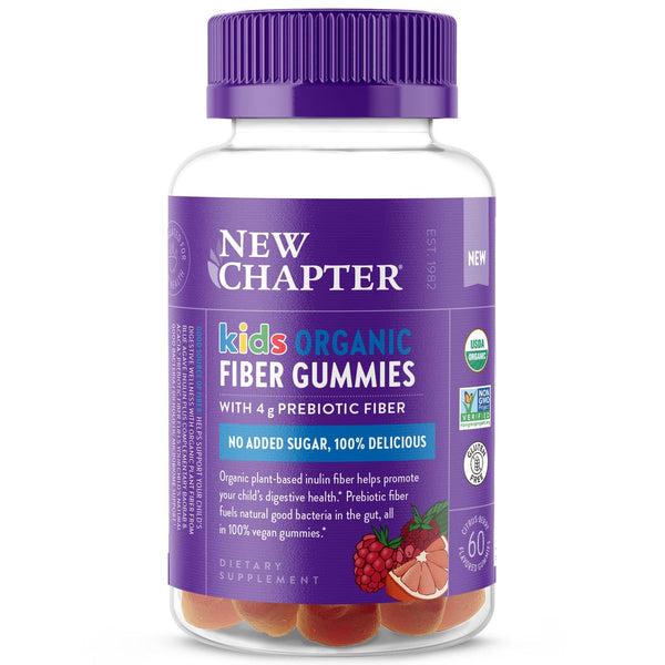 New Chapter Organic Fiber Gummies for Kids, 4g Delicious Plant-Based Prebiotic Fiber for Digestive Health, Vegan, Non-GMO, USDA Organic, Gluten Free, Citrus-Berry Flavored, 60 ct
