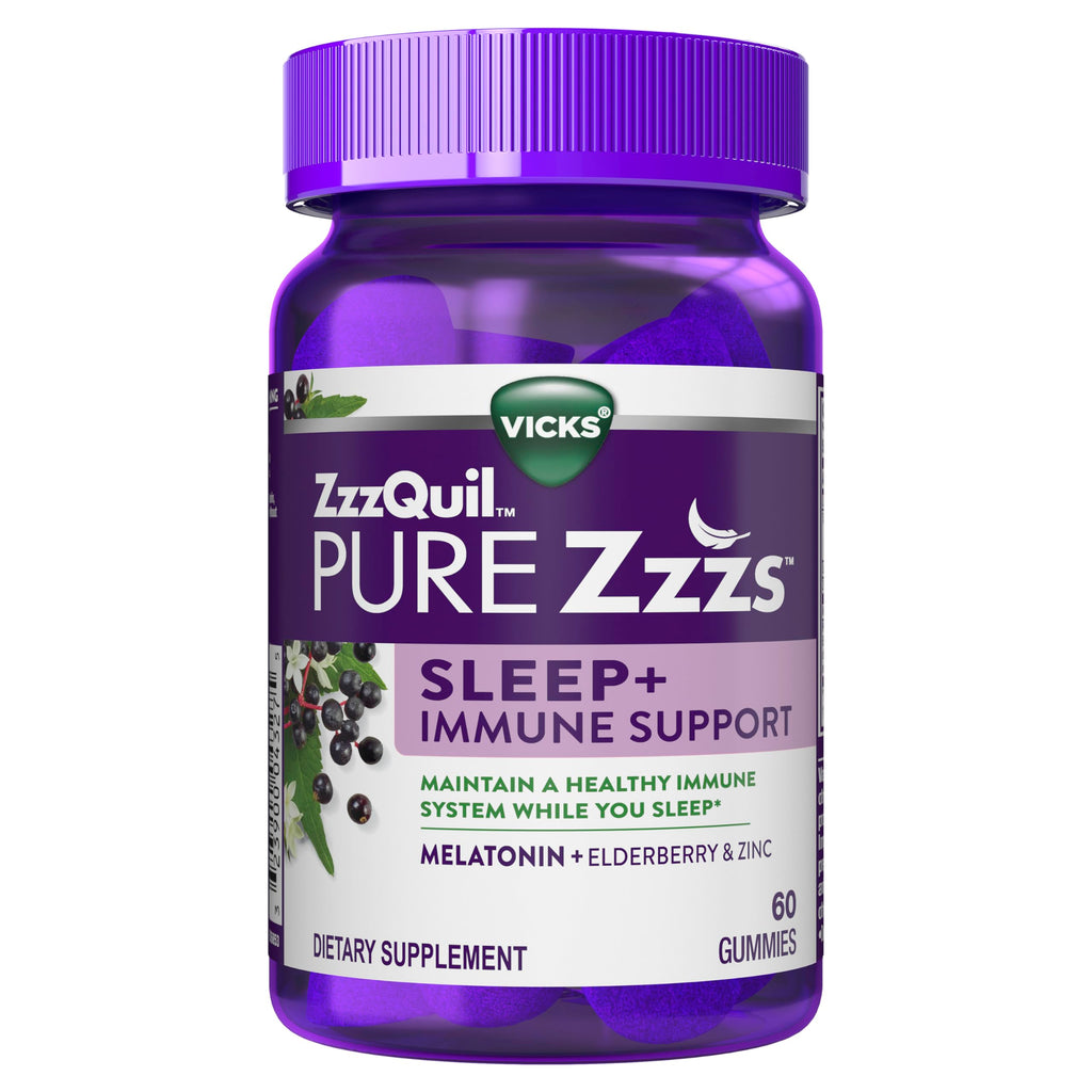 ZzzQuil Pure Zzzs Sleep + Immune Support Melatonin Sleep Aid Gummies with Elderberry, Zinc, Chamomile, Lavender, & Valerian Root, 1mg per Gummy, 60 ct