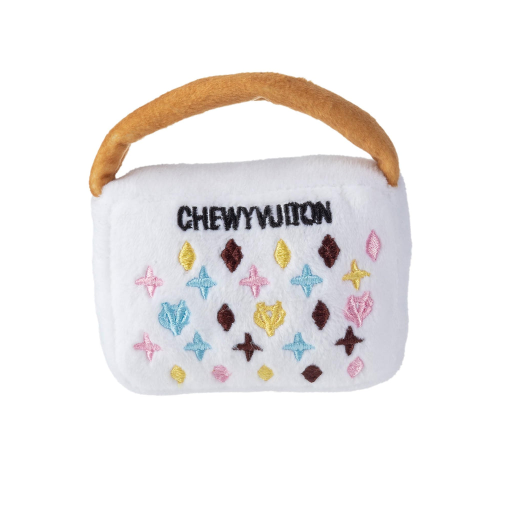 Haute Diggity Dog White Chewy Vuiton Handbag, Plush Designer Dog Toys with Interactive Squeaker, Stimulating Pet Enrichment, Machine-Washable & Safe Materials for All Breeds, Size Small