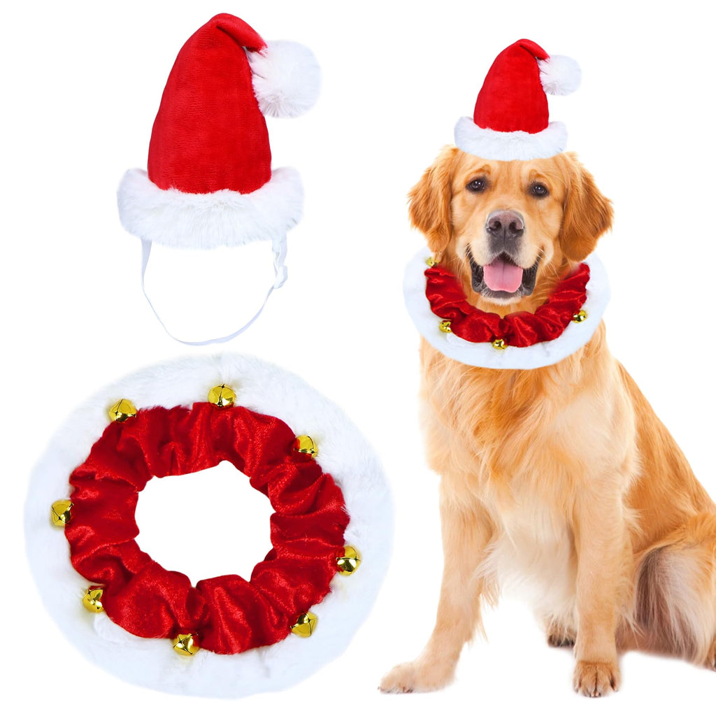 GOYOSWA Dog Christmas Outfit, Dog Santa Hat Christmas Collar with Bells Ornaments Holiday Outfit Costume Clothes for Small Medium Large Dogs Pets (Large)