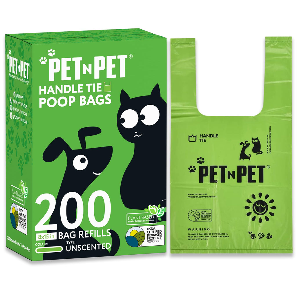 Pet N Pet 200 Counts Unscented Dog Poop Bags Rolls with Tie Handles, 38% Plant Based & 62% PE Poop Bags for Dogs, Extra-Thick Doggie Poo Bag, Pet Waste Bag