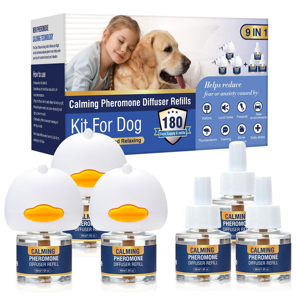 (3 Plug in+ 6 Pack 48ml Refill）Dog Pheromones Calming Diffuser Kit Appeasing Pheromone Diffuser to Calm for Anxiety Relieve Relief Reduce Aggression Fighting Barking Stress 180 Day Supply (Tasteless)