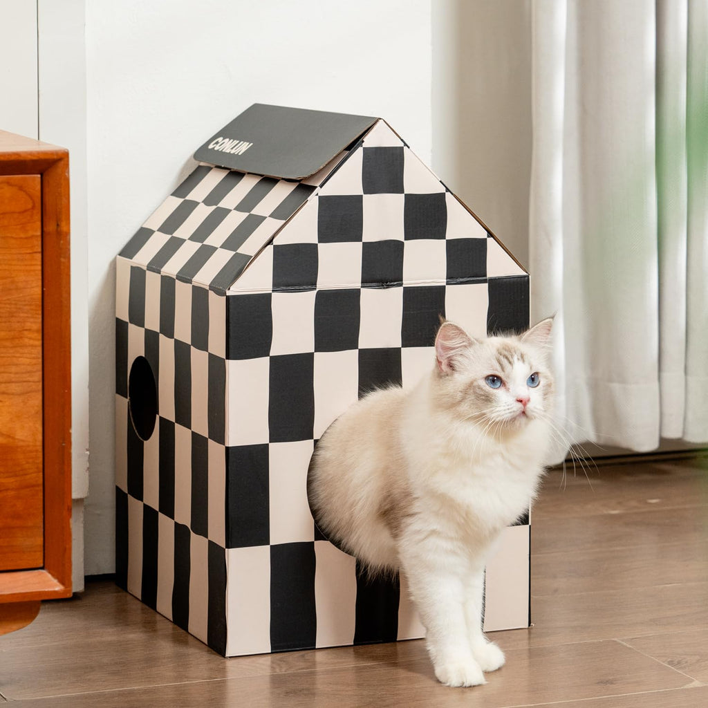 Conlun Cardboard Cat House with Scratch Pad & Catnip, Cat Play Scratching House for Indoor Hideaway Furniture, Heavy Duty Sturdy Cardboard Scratcher, Easy to Assemble Birthday Gift