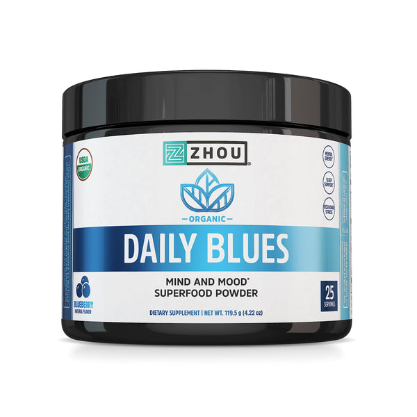 Zhou Nutrition USDA Organic Blue Spirulina Powder with KSM-66 Ashwagandha and Blueberry, Organic Superfood Powder, Antioxidants, Fiber, Mental Energy, Sleep, Digestion, Non-GMO, Vegan, 25 Servings