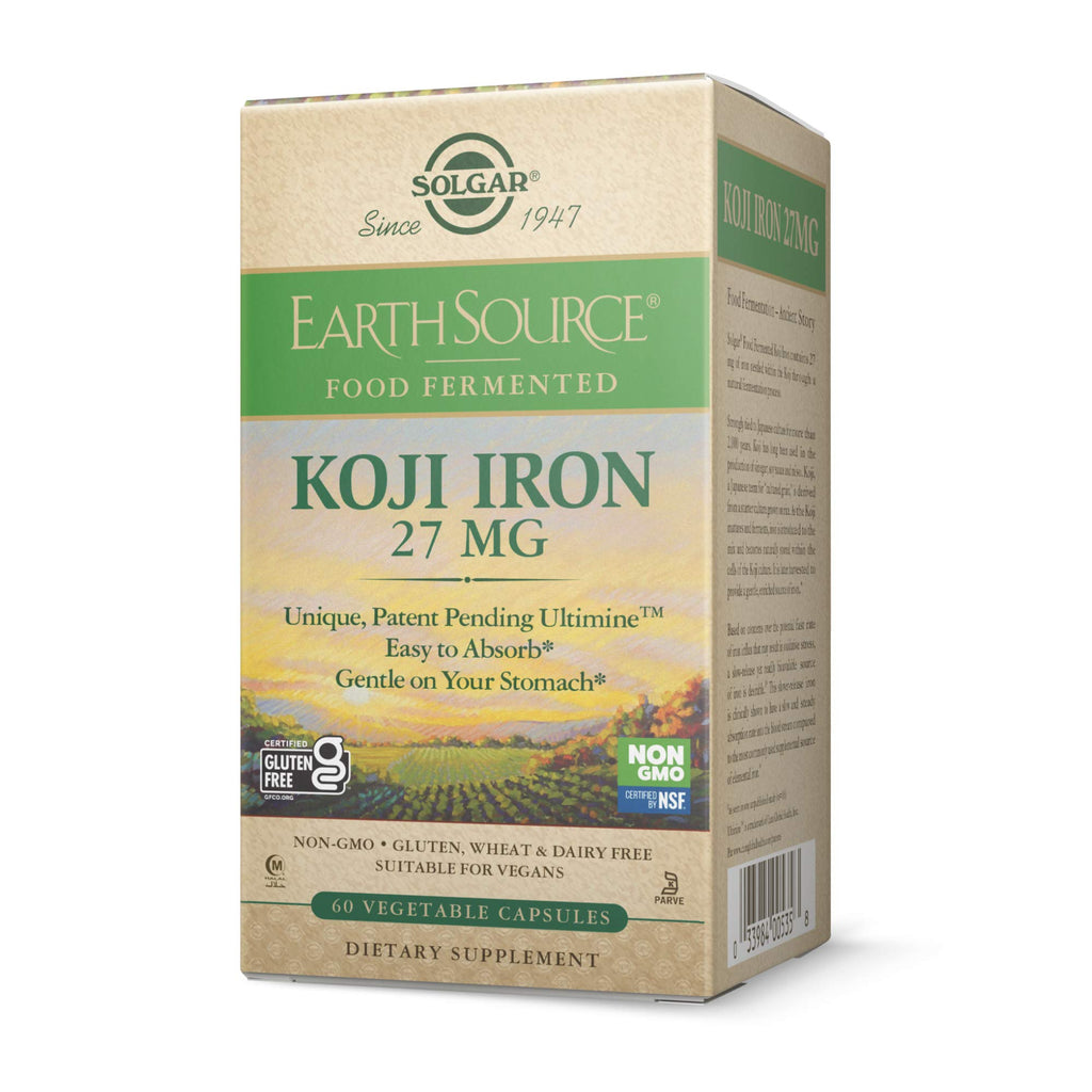 Solgar Earth Source Food Fermented Koji Iron 27mg, 60 Vegetable Capsules - Higher-Absorption, Slow-Release Iron - Gentle on The Stomach - Non-GMO, Vegan, Gluten Free, Dairy Free, Kosher - 60 Servings