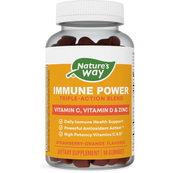 Nature's Way Immune Power, Triple Action Immune Support Blend*, Vitamins C and D, Zinc, Strawberry-Orange Flavored, 90 Gummies