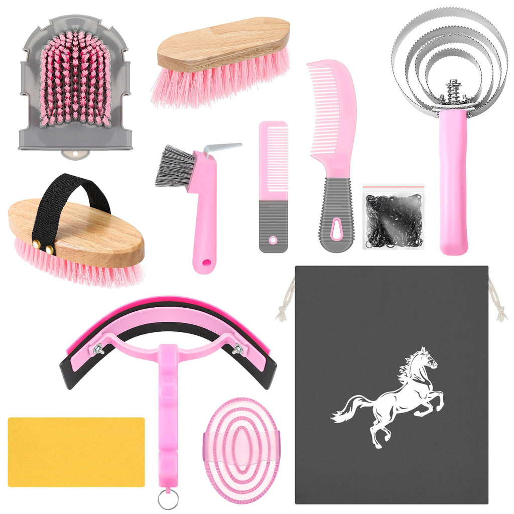 Abbylike 12 Pieces Horse Grooming Kit Racing Festival Tack Room Supplies Horse Brush Sets Equine Care Cleaning Kit Shedding Grooming Massaging Tools(Pink and Grey)