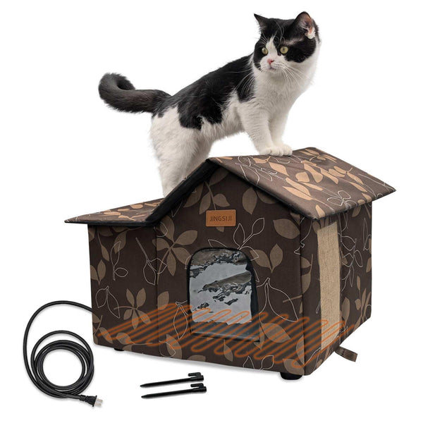 JINGSIJI Winter Heated Cat House, Sturdy Indoor and Outdoor Cat Shelter with Heating Mat, Waterproof, Insulated, Weather Resistant (Brown)