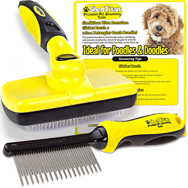 ShedTitan Slicker Dog Brush for Goldendoodles, Poodles & Dematting Pet Comb Value Kit - Easy Self Cleaning Slicker Brush for Grooming Dogs, Golden Doodle, Poodle, Cats - Detangle Comb Removes Matts