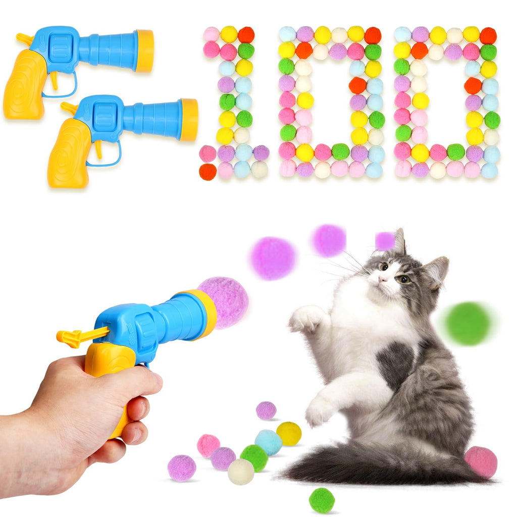 TEAWOO Cat Toy Balls with Launchers Set (2+100), 100 Cat Pom Pom Balls & 2 Ball Launchers (Durable Reinforced Edition)