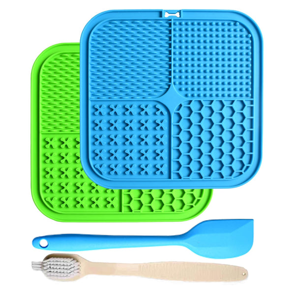 Lick Mats for Dogs & Cats - 2 Pack Licking Pad with Suction Cups for Dog Anxiety Relief, Slow Feeder Dog Bowls, Perfect for Bathing Grooming and Training (Green/Blue + Spatula & Brush)