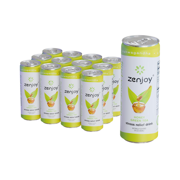 Zenjoy Stress Reief Drink, Calming Green Tea, Non Alcoholic, Ashwagandha & Lemon Balm for Anxiety Relief, L - Theanine for Focus (12 Pack) (Honey)