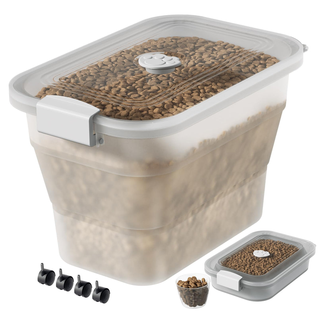 A-LuGei 𝟮𝟯 𝗹𝗯𝘀 Clear Dog Food Storage Container,【Easy to Travel】 Collapsible Pet Food Storage Bin with Attachable Casters,【Keep Food Fresh】 Cat Food Container with Lid Airtight and Measuring Cup