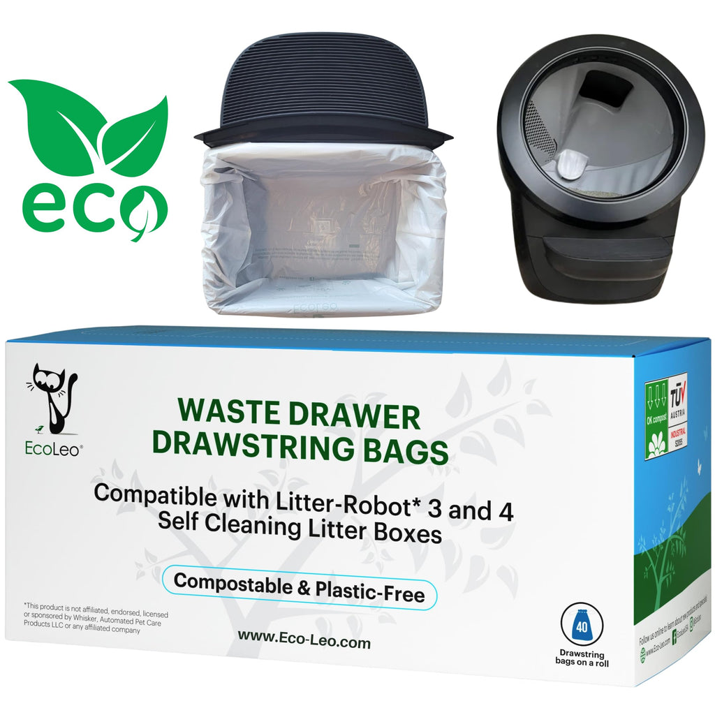 EcoLeo, Compatible with Litter-Robot 4 & 3, Compostable, Plant-based, Drawstring Liner Bags, Fits Leo's Loo Too & Catlink Automatic Litter Box Waste Drawer, Improved Thick