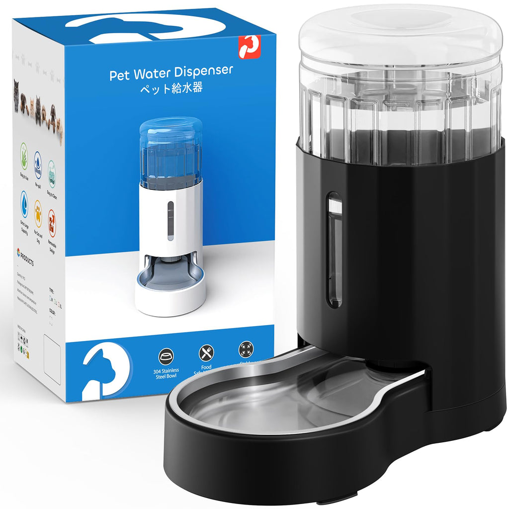 CZPET Dog Water Bowl Dispenser, 4L Stainless Steel Bowl, Automatic Gravity Cat Water Dispenser, Cat Water Bowl, Safe and Unplugged for Cat Dog, Black