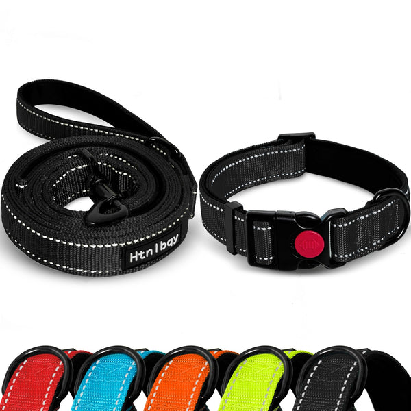 Htnlbqy Double-Sided Reflective Dog Leash, 5 FT Padded Handle Nylon Dogs Leashes for Medium & Large Dogs Walking, Reinforced Reflective Buckle Dog Collar, Black, Large