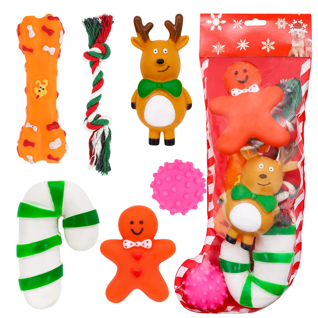 ZALALOVA Christmas Dog Stocking Gifts Toys Set, 6 Pcs Xmas Dogs Toys Chew Toys Assorted Santa Clause Gingerbread Man Bone Shape Christmas Tree Candy Cane Shape Chewer Interactive Ball Gifts