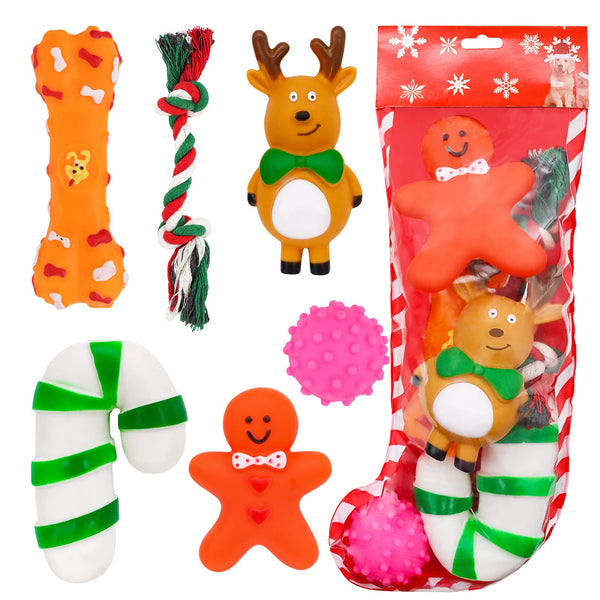 ZALALOVA Christmas Dog Stocking Gifts Toys Set, 6 Pcs Xmas Dogs Toys Chew Toys Assorted Santa Clause Gingerbread Man Bone Shape Christmas Tree Candy Cane Shape Chewer Interactive Ball Gifts
