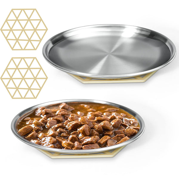 Stainless Steel Cat Dishes for Food and Water Bowls for Small Pets Relief of Whisker Fatigue -2 Sets Shallow Style(6.5 Inch)