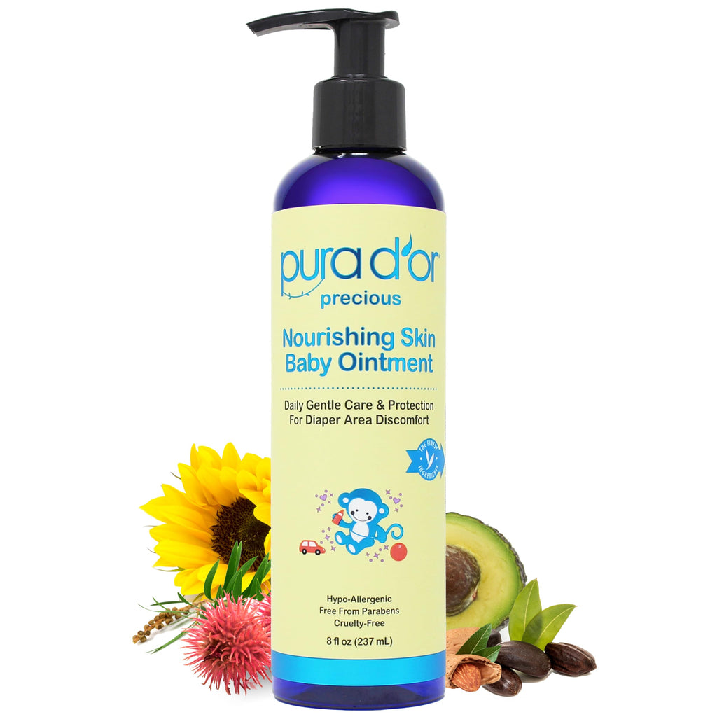 PURA D'OR 8 Oz Nourishing Skin Baby Ointment – Gentle Moisturizing Balm for Sensitive Skin, Diaper Area Protection & Soothing Hydration, Fragrance-Free, Vegan & Hypoallergenic