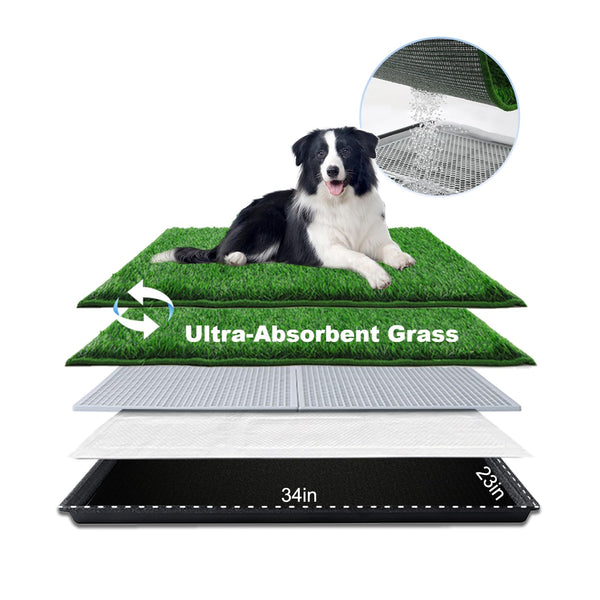 HQ4US 4LEGS Dog Grass Pad with Tray Large 34’’×23’’, Dog Potty with Ultra-Absorbent Artificial Grass for Dogs with Hemmed Edge, Pee Pads for Dogs, Realistic, Odor Free, Litter Box for Balcony
