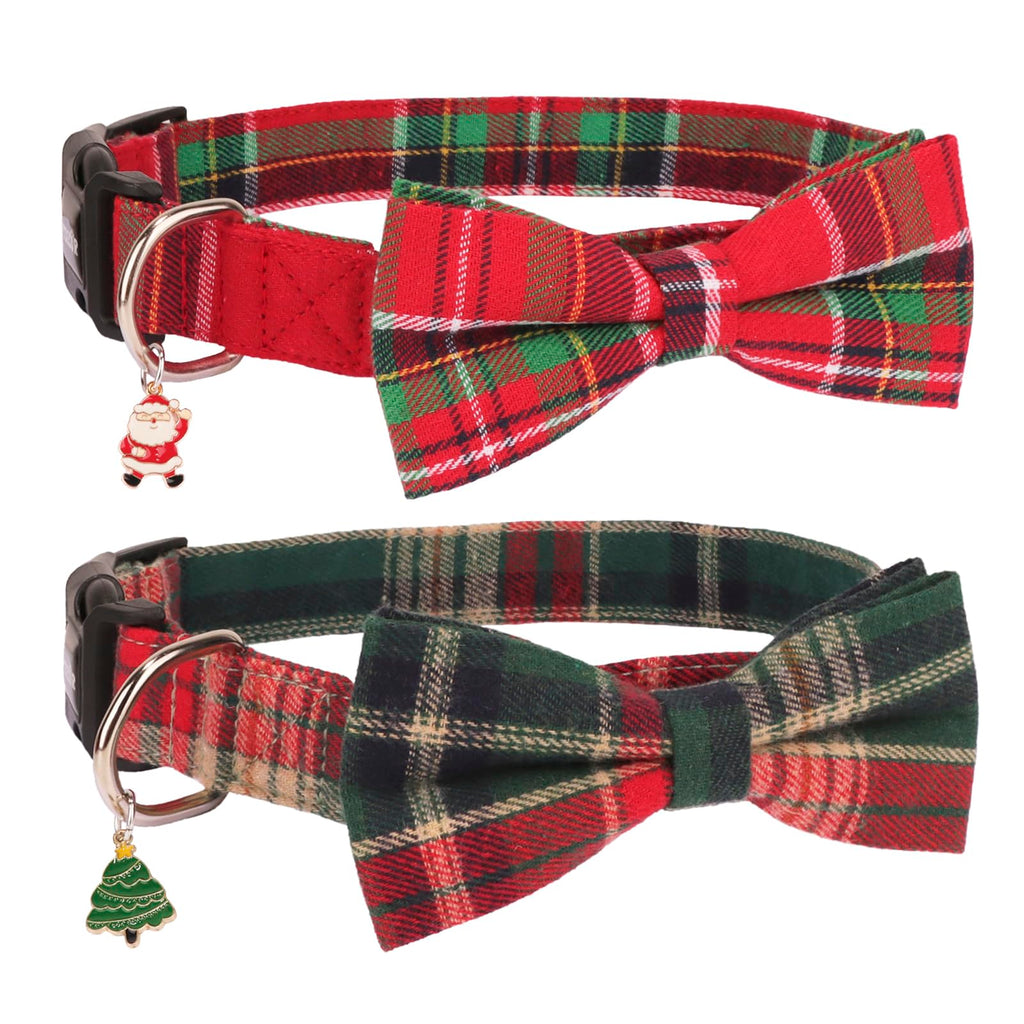 PTDECOR Christmas Dog Collar with Bow, Adjustable Red Green Plaid Dog Collars with Removable Bowtie Christmas Collars for Large Dogs Pets (Large)
