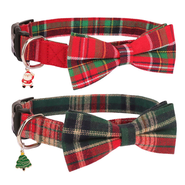 PTDECOR Christmas Dog Collar with Bow, Adjustable Red Green Plaid Dog Collars with Removable Bowtie Christmas Collars for Large Dogs Pets (Large)