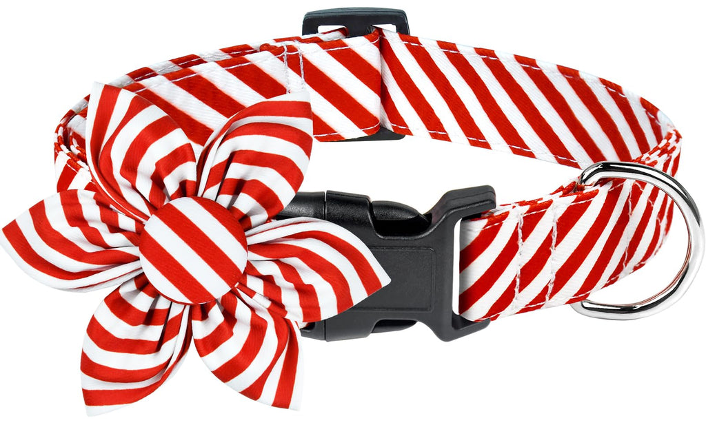 Malier Christmas Dog Collar with Flower, Red Dog Christmas Collar with Buckle Adjustable Cotton Collar for Small Medium Large Dogs Puppy (Red Stripe, Large)
