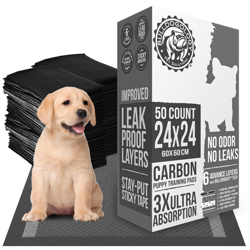 Bulldoglogy 50-Count Carbon Black Puppy Training Pads with Adhesive Tape 24x24 - Large Charcoal Housebreaking Dog Training Wee Pads, Odor Control Thick Pee Pads for Dogs Extra Quick Dry Polymer Tech