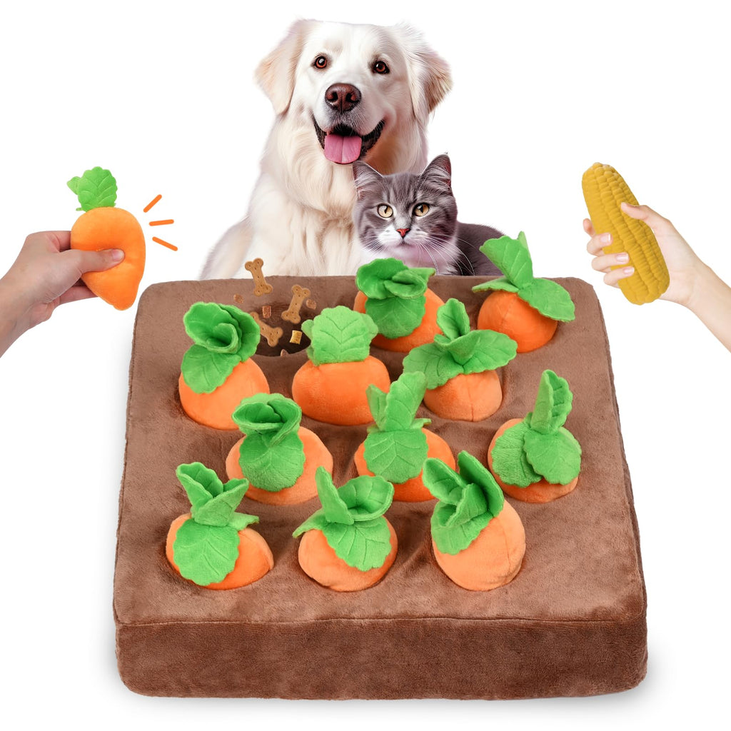 iFur Dog Enrichment Puzzle, Interactive Dog Toys Carrot Farm Snuffle Mat for Mental Stimulation, Dog Snuffle mat for Small Medium and Large Dogs (12 Squeaky Carrots + 1 Squeaky Corn)