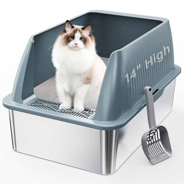 Hobya 14" XL Stainless Steel Cat Litter Box with Lid, Extra Large Kitty Litter Box with High Sides for High Peeing Cat, Easy to Clean, Non-Sticky, Including Scoop